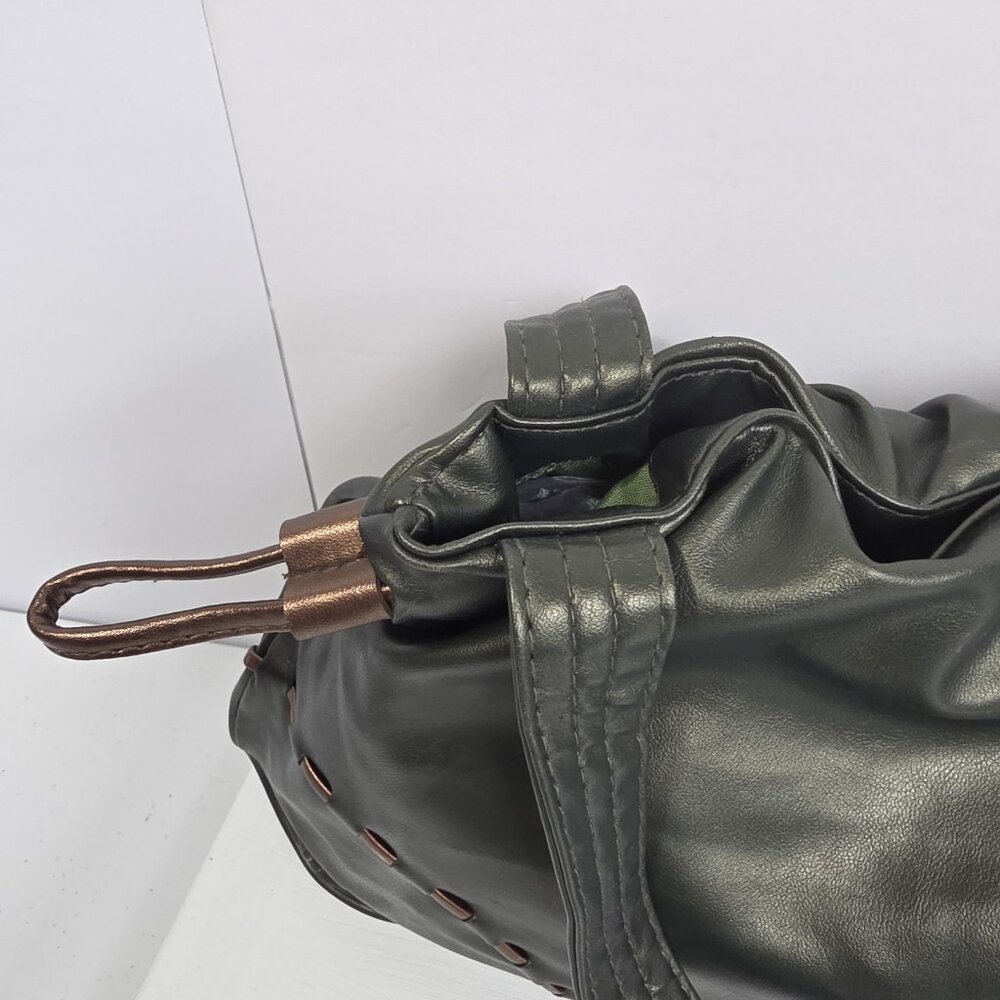 Faux Leather Shoulder Bag Womens Green Hobo Tote Purse Copper Stitching - Picture 2 of 9